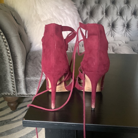 Burgundy faux suede tie up pumps with pointed toe, size 7 - Picture 4 of 9